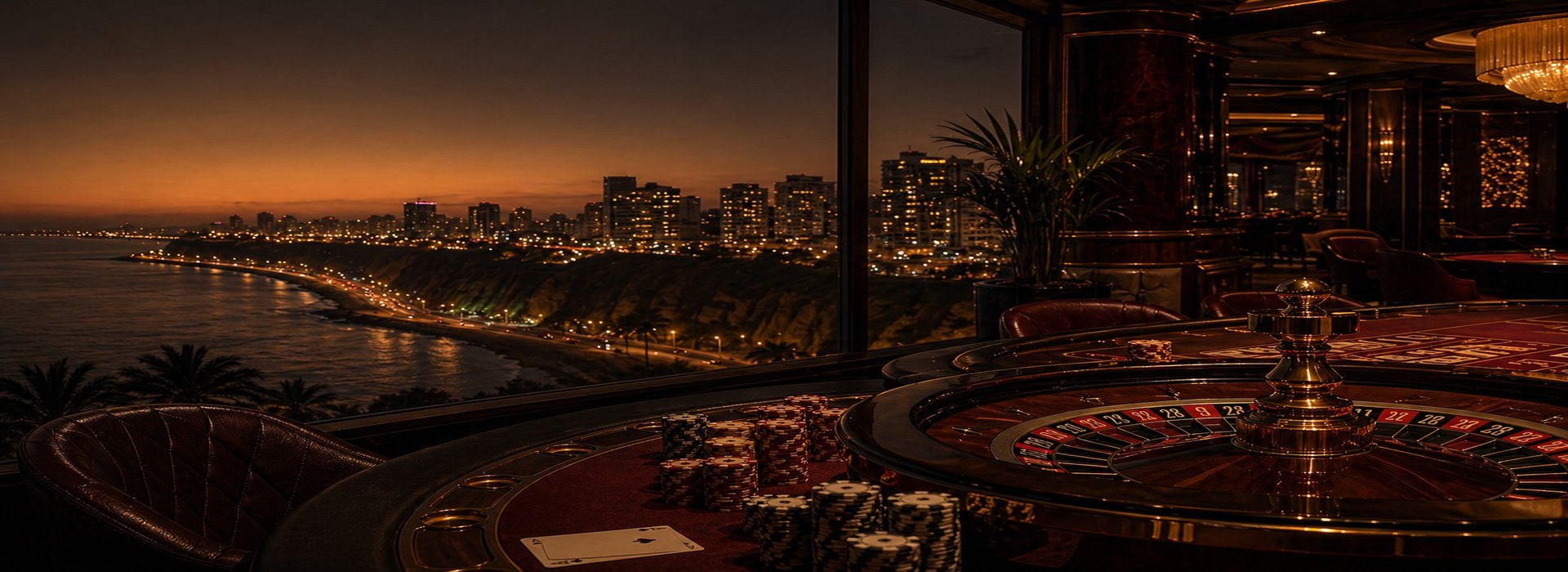 Casino en Lima, Perú — vista nocturna con ruleta y acantilados